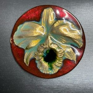 Copper Enamel Orchid Flower Large Round Vintage Brooch Pin Colorful
